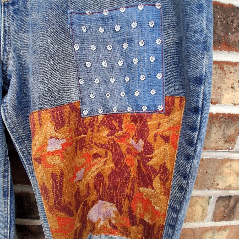 Free People We The Free Belladonna Patchwork Bootcut Jeans Boho Distressed Denim - Picture 5 of 14